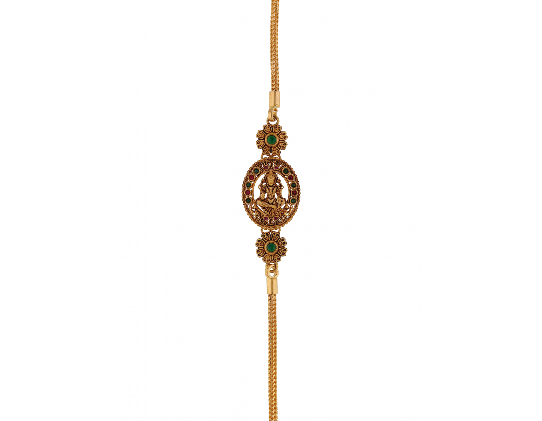 Sree Kumaran Traditional God Amman Mugappu Gold Chain with Red and Green Stones